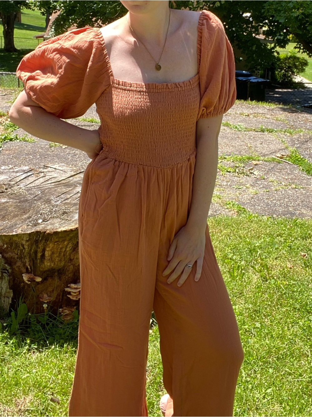 Billabong Rust Orange Smocked Puff-Sleeve Jumpsuit